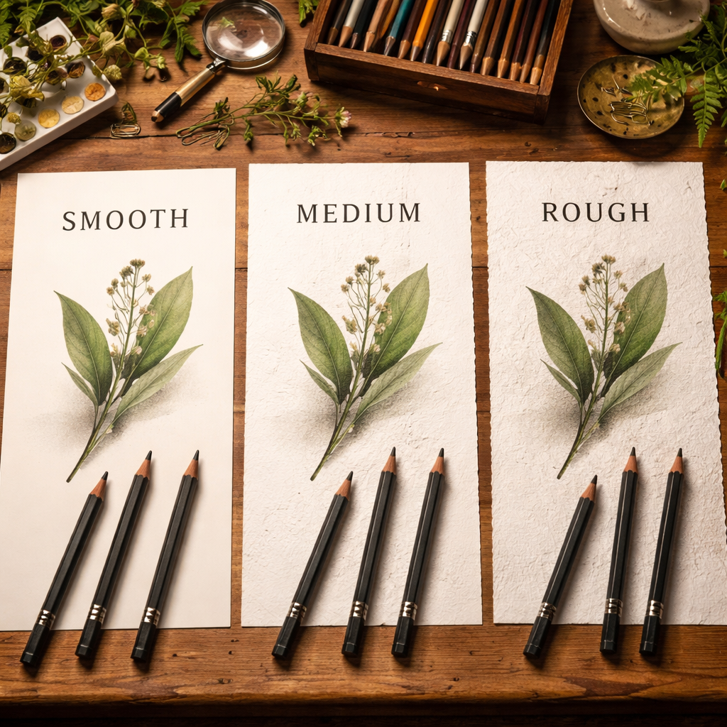 matching paper texture with pencil selection for botanical illustration.