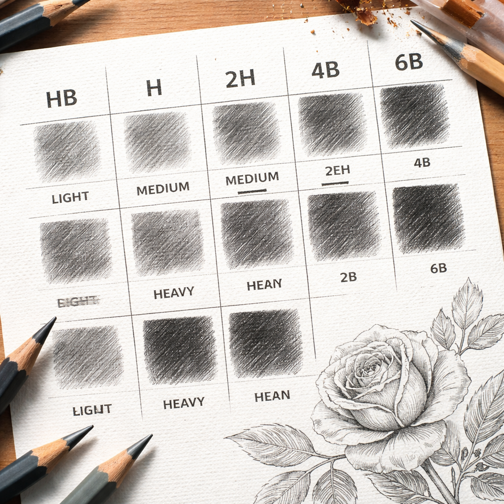 testing pencil selection for botanical illustration with swatches.