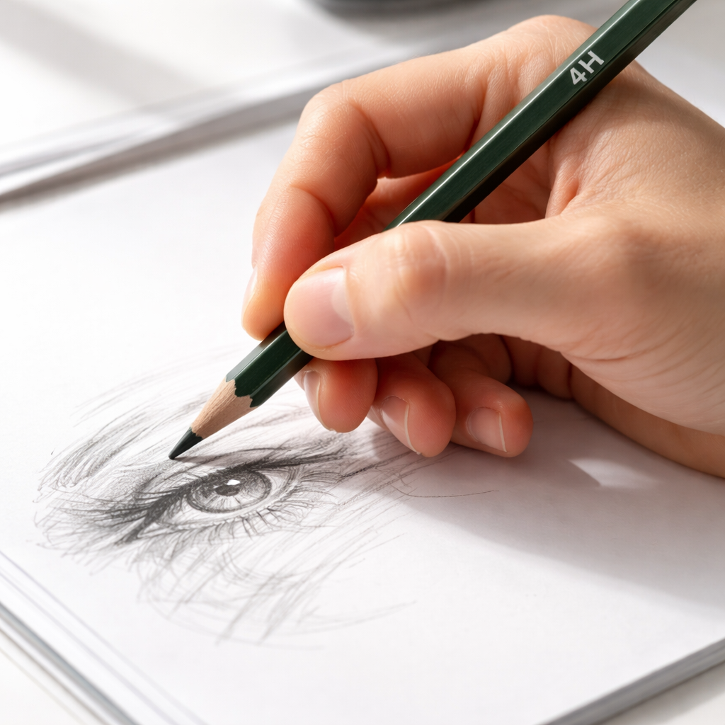 A realistic hand holding a 4H graphite pencil, sketching on glossy white paper, close‑up view, Realism style, alt: choos