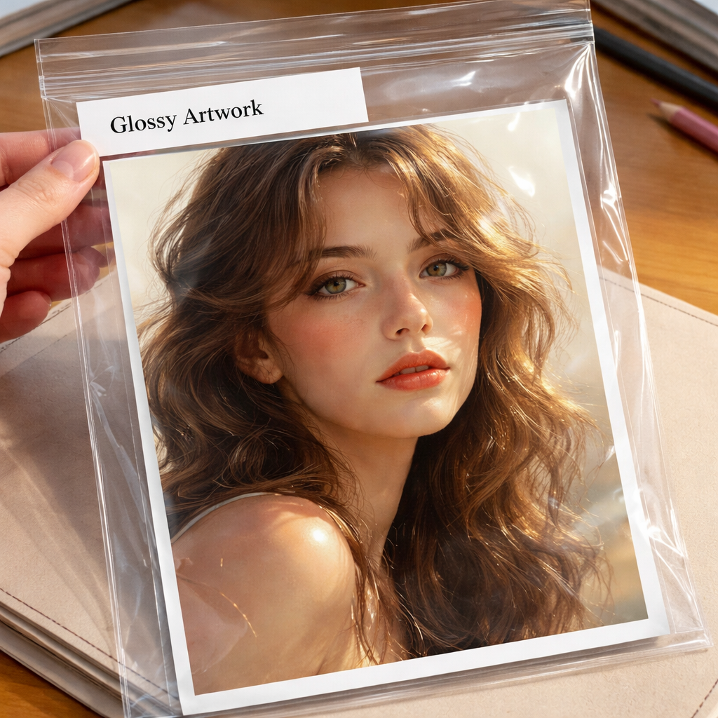 A close‑up of a glossy paper drawing placed in a clear plastic sleeve with a label, Realism style, alt: storing glossy p