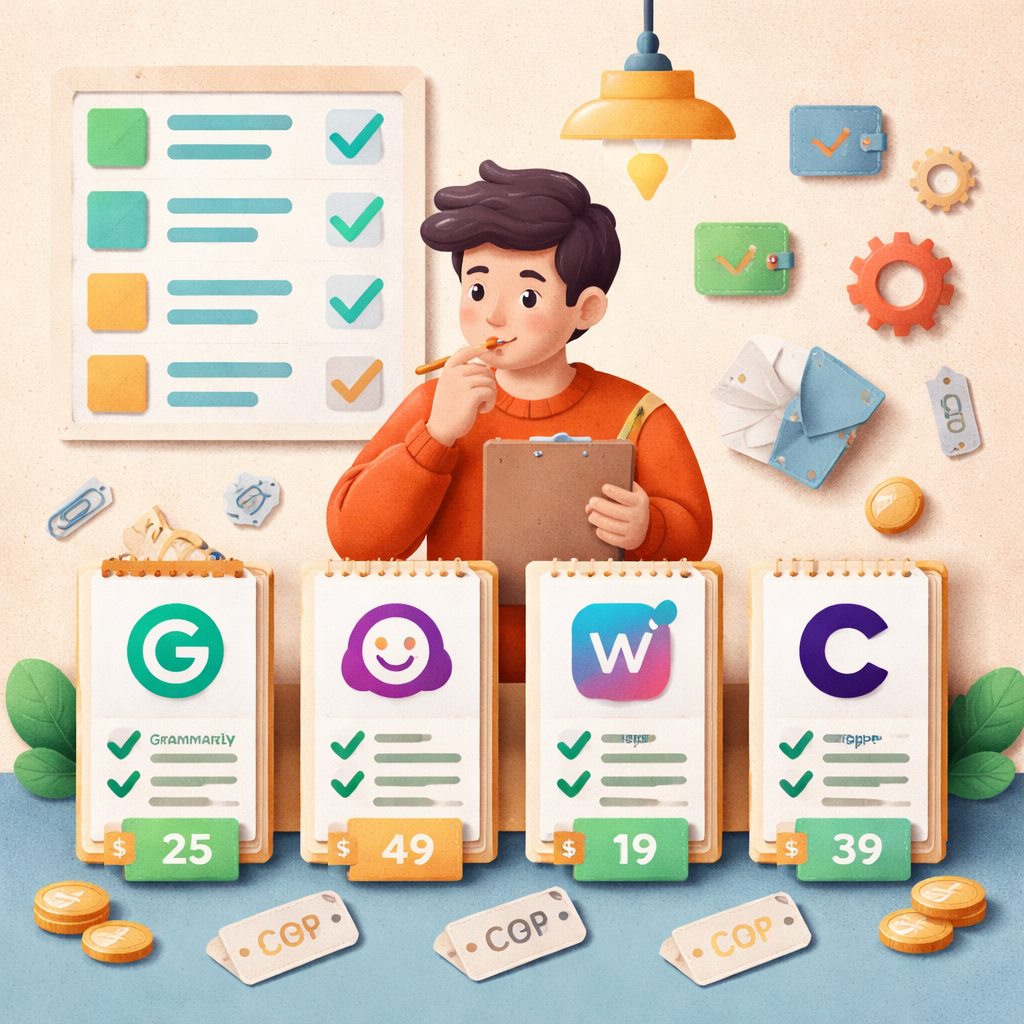 A papercraft style illustration showing a person comparing several AI content writing tool icons on a table, with checkm