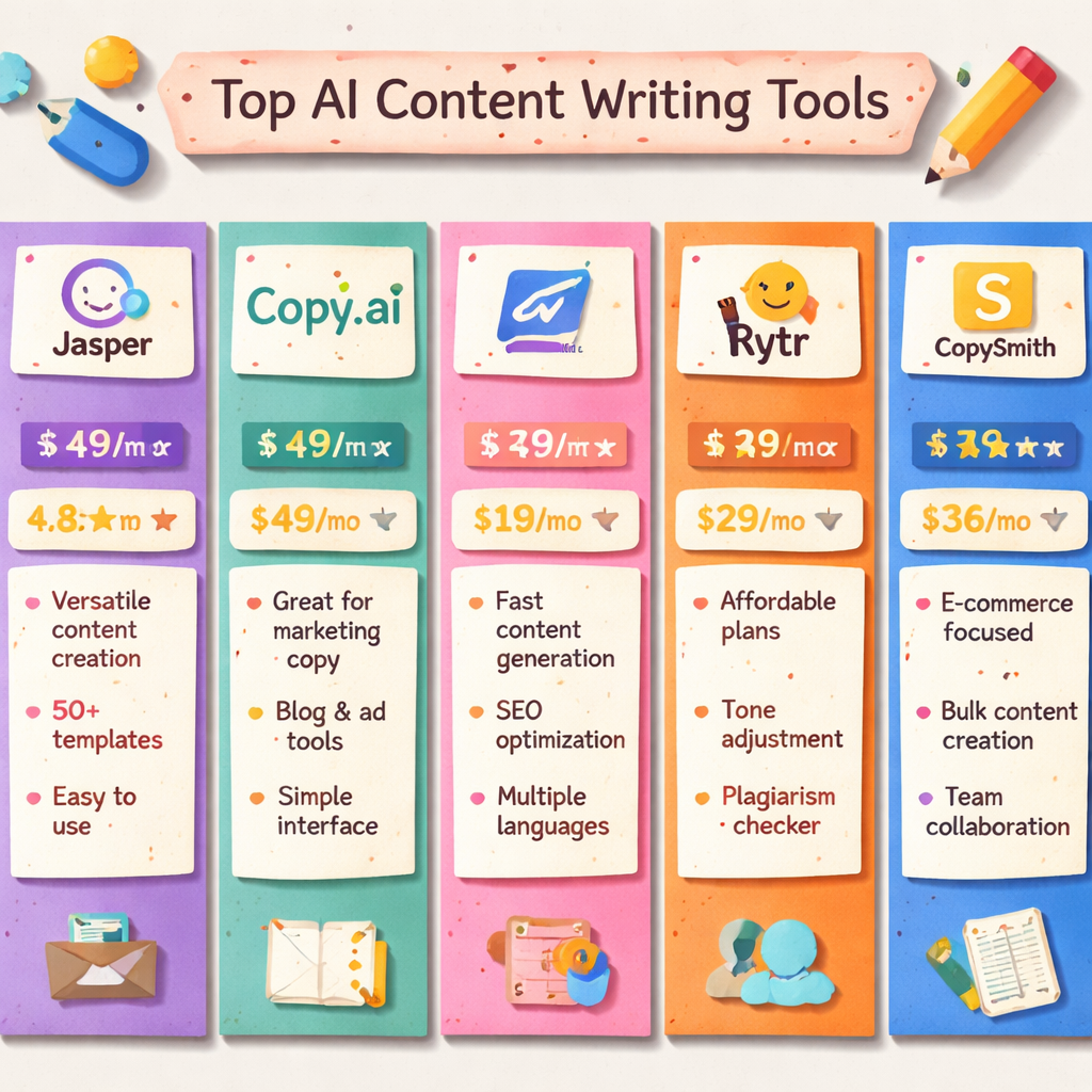 A papercraft style chart showing a side‑by‑side comparison of five AI content writing tools with icons, price tags, star