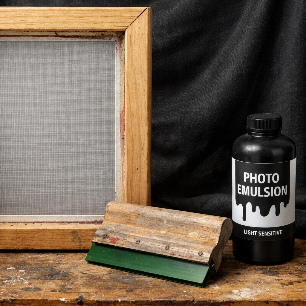 A realistic close‑up of a wooden screen frame with a mesh stretched tight, a squeegee resting on a workbench, and a bott