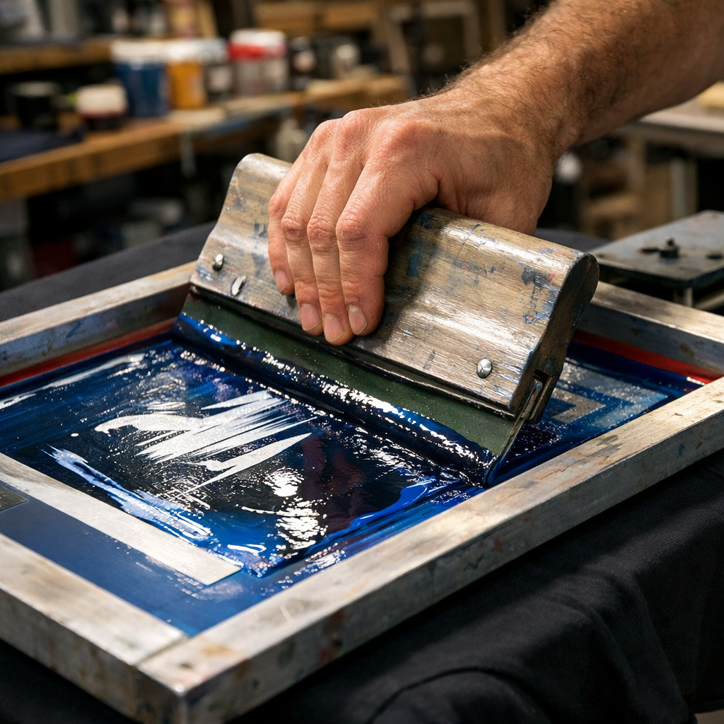 A realistic scene of a hand pulling a squeegee over a screen on a t‑shirt, ink glistening, with a well‑lit workshop back