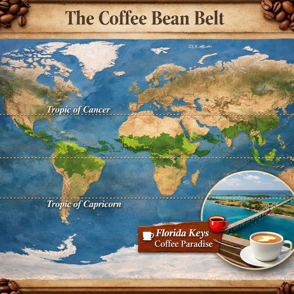 Coffee bean belt map showing global growing regions with Florida Keys connection.