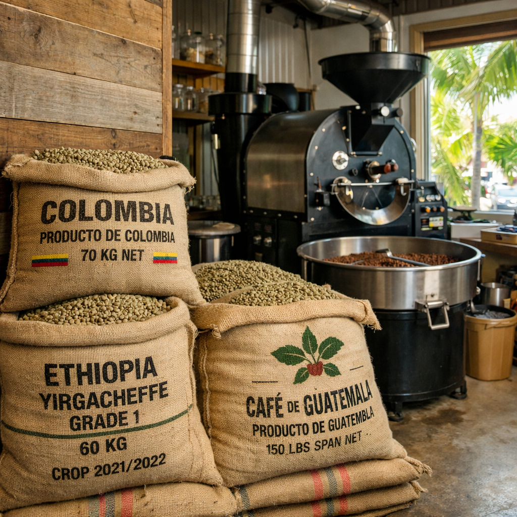 Florida Keys coffee roastery with single origin green beans from Colombia, Ethiopia, and Guatemala.