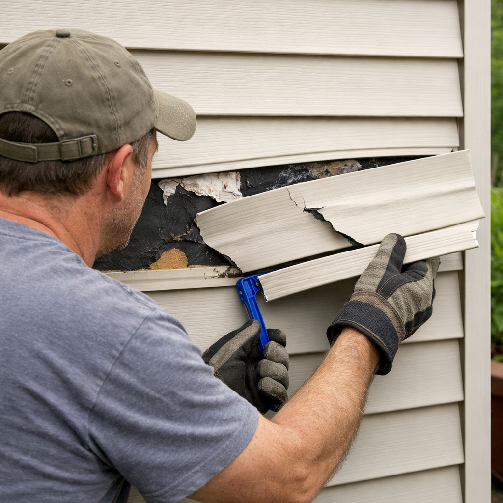 homeowner removing broken vinyl siding panel safely