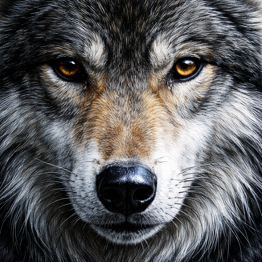 detailed wolf fur with highlights created using white and cold grey pencils.