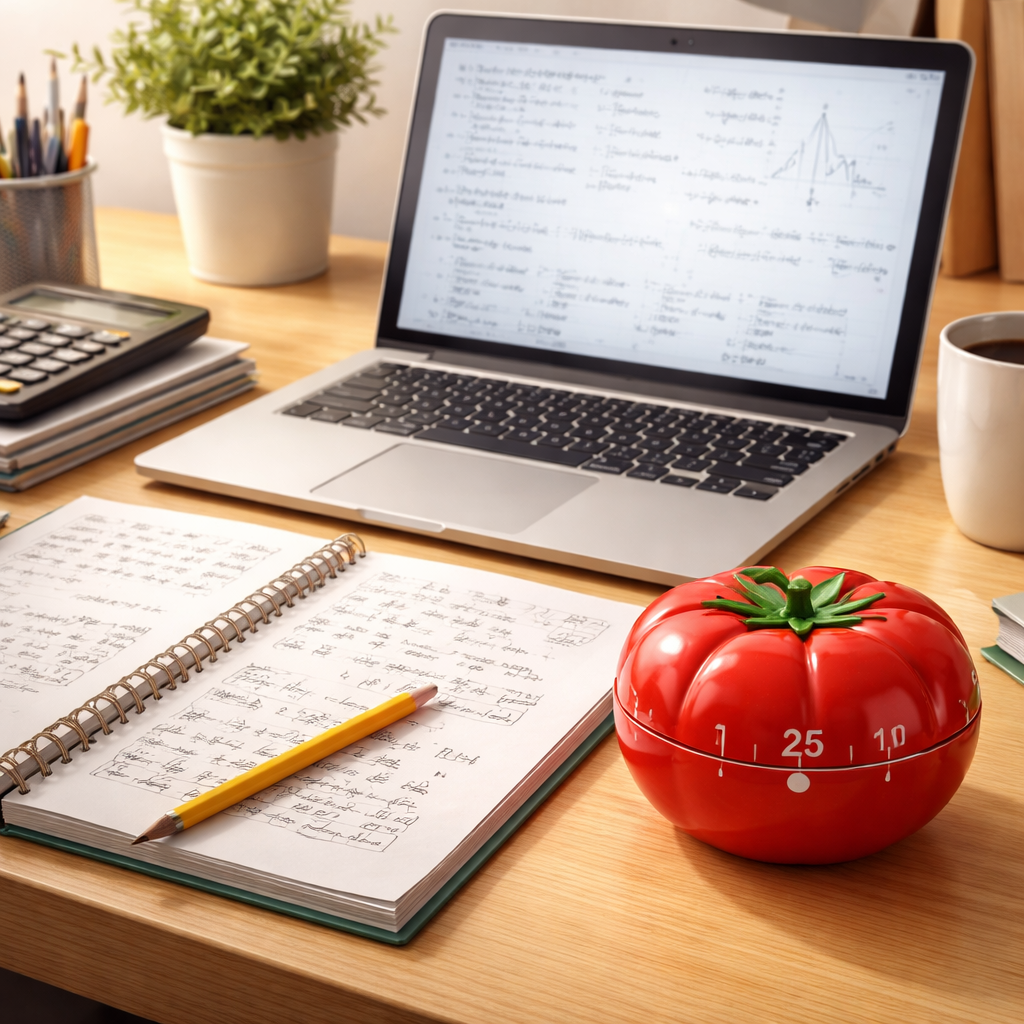 pomodoro timer for studying math on a desk