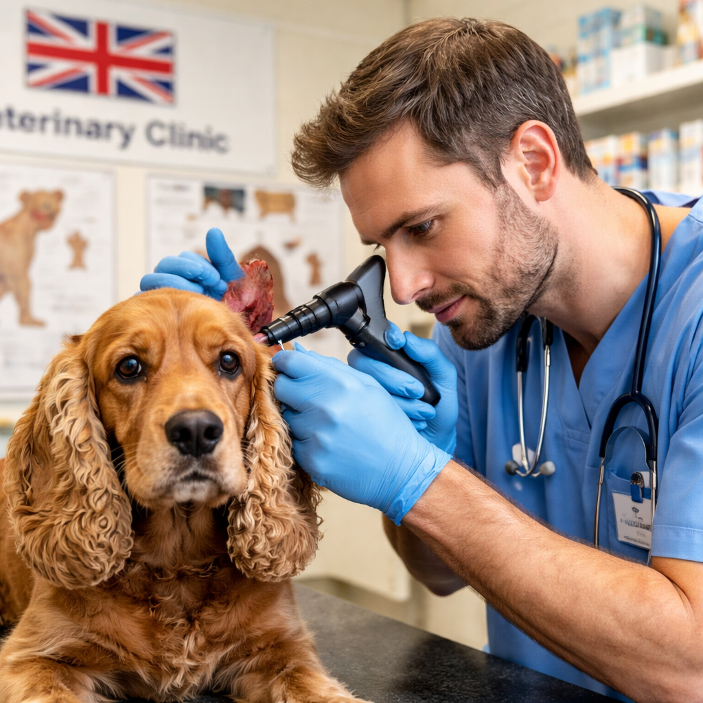 vet examining dog ear infection in UK clinic