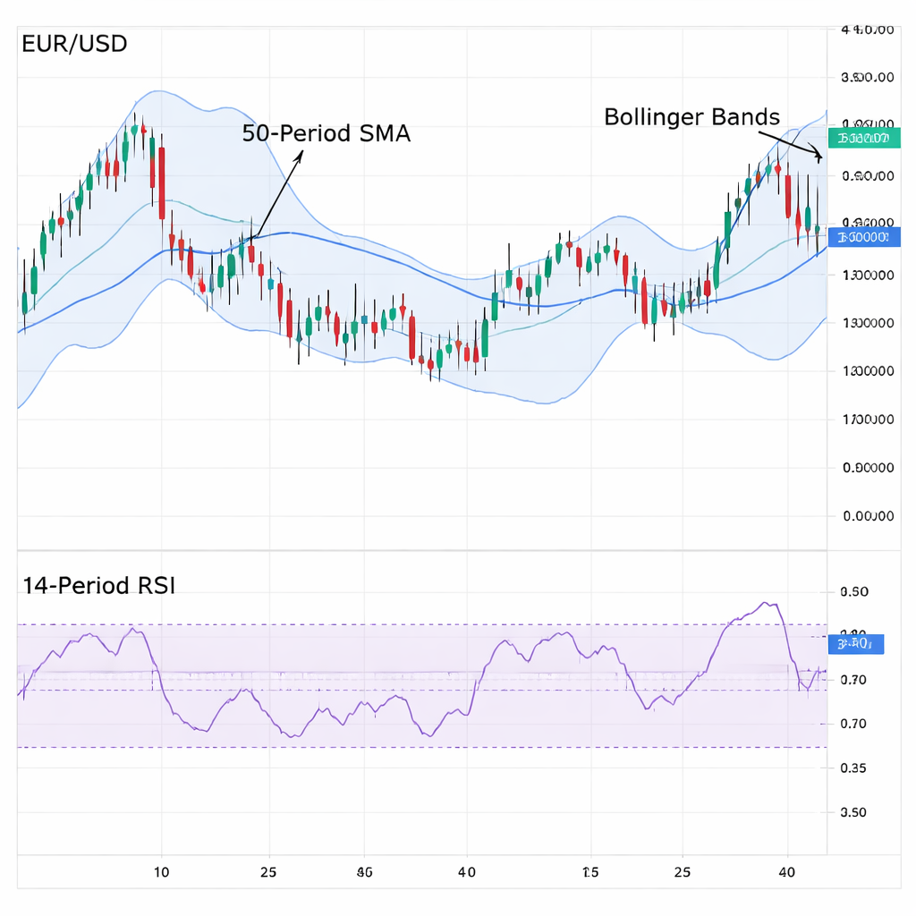 forex technical analysis for beginners chart with moving average, RSI, and Bollinger Bands.