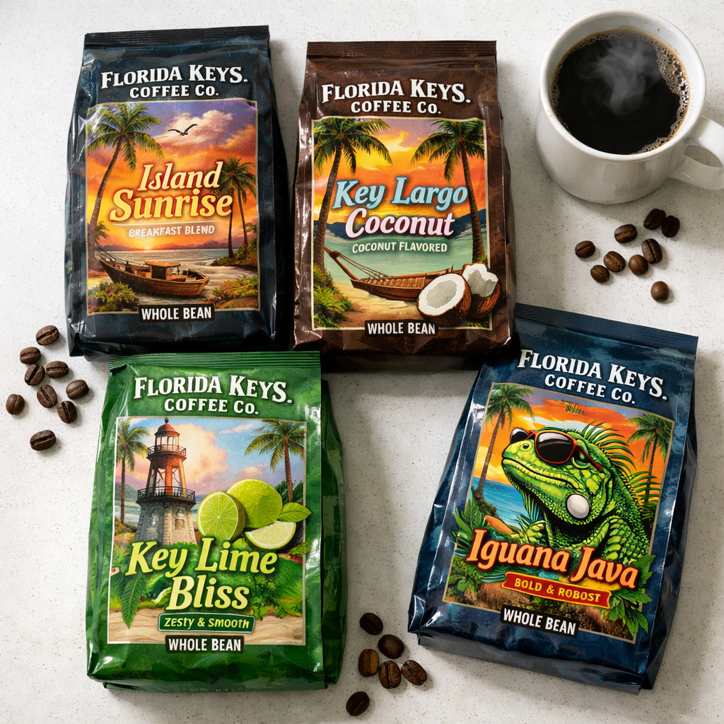 Four different Florida Keys coffee bean bags including the iguana mascot design