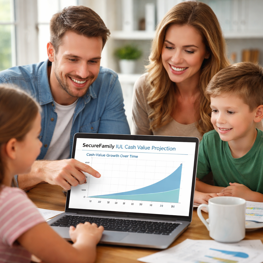 family reviewing SecureFamily IUL cash value projection