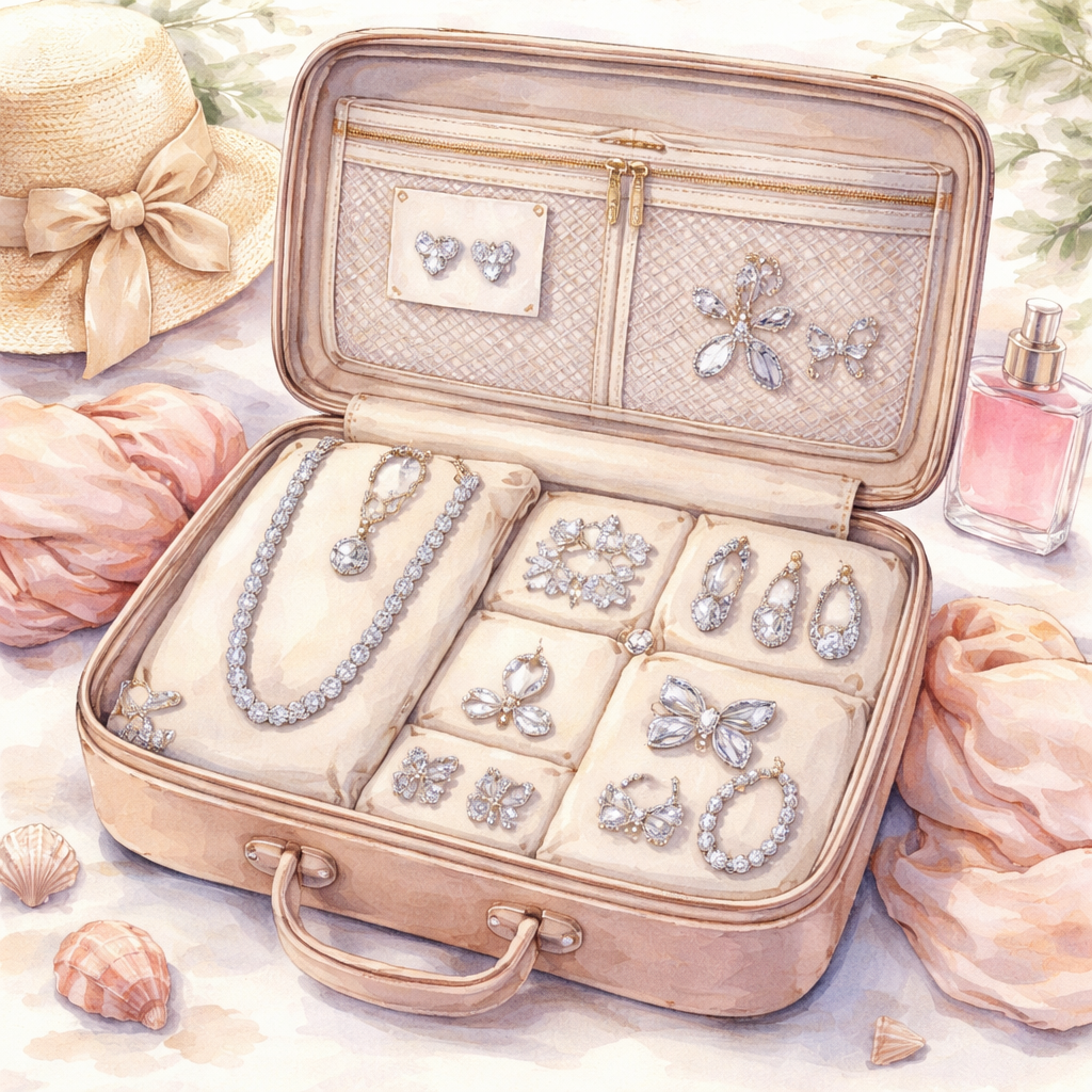 Watercolor illustration of a travel suitcase opened to show neatly arranged diamond veneer jewelry pieces, alt=