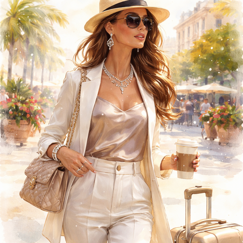 Watercolor scene of a traveler wearing a sleek outfit with diamond veneer jewelry, alt=