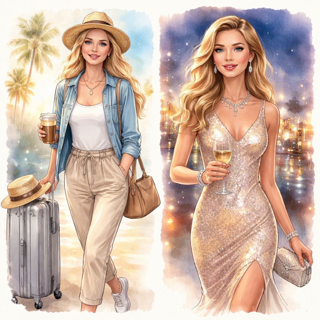 Watercolor portrait of a traveler switching from daytime casual wear to an elegant evening look, alt=