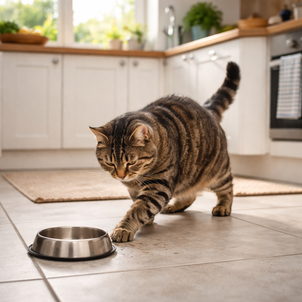 Cat scratching after meals UK showing natural instinctive behaviour near food bowl