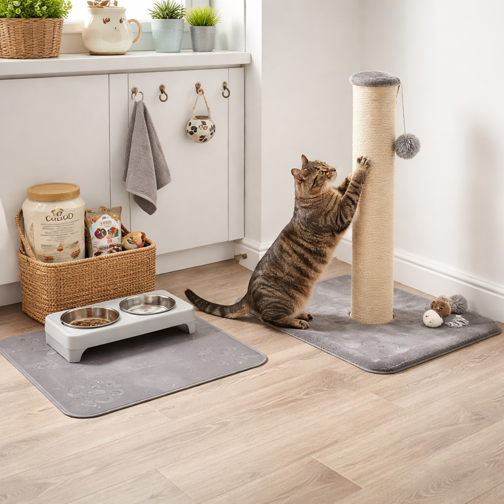 UK pet owner managing cat scratching after meals with proper scratching post setup