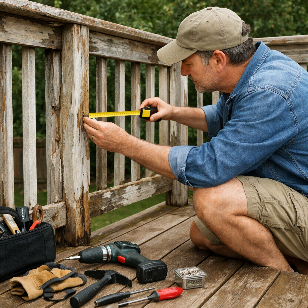 homeowner assessing deck railing damage and gathering tools
