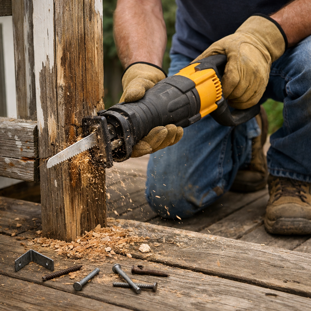 homeowner cutting damaged deck railing with a saw