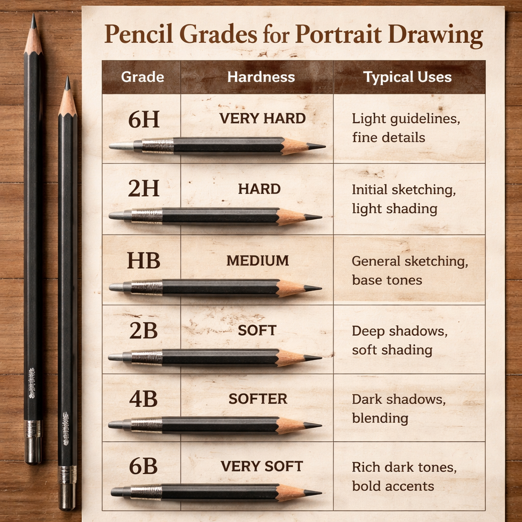 Quick reference table for pencil grades in portrait charcoal drawing