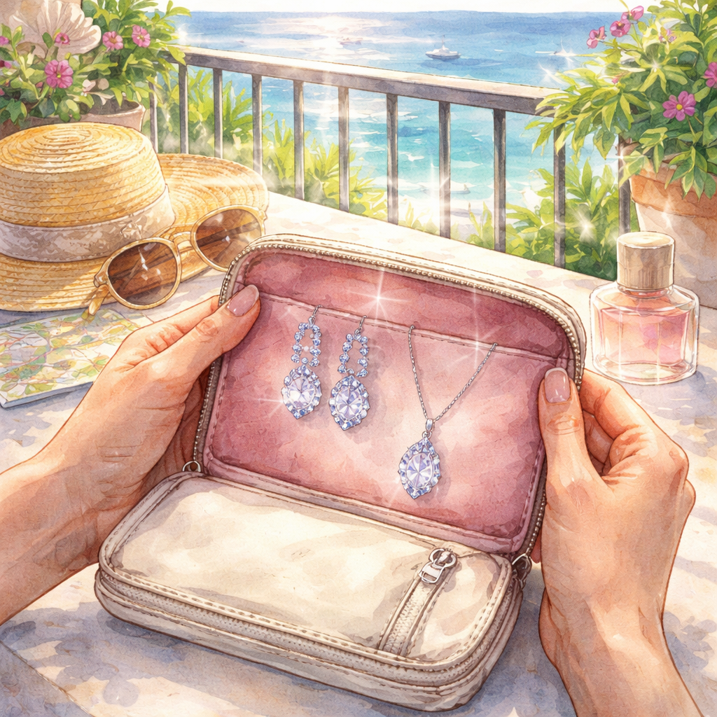 diamond veneer travel accessories displayed on a balcony