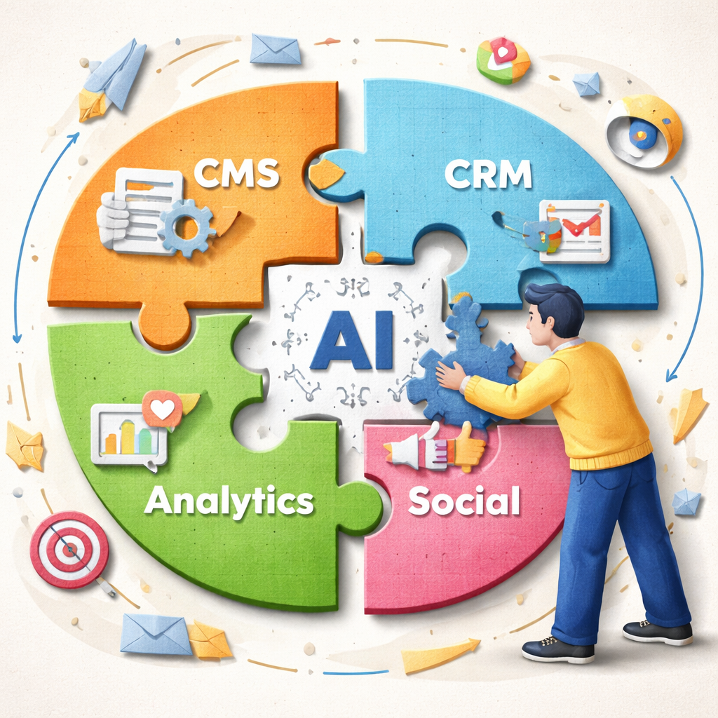AI marketing automation integration diagram showing seamless connections between tools.