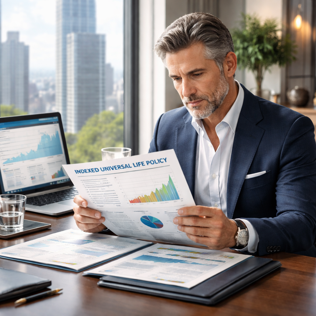 high net worth individual reviewing indexed universal life policy benefits