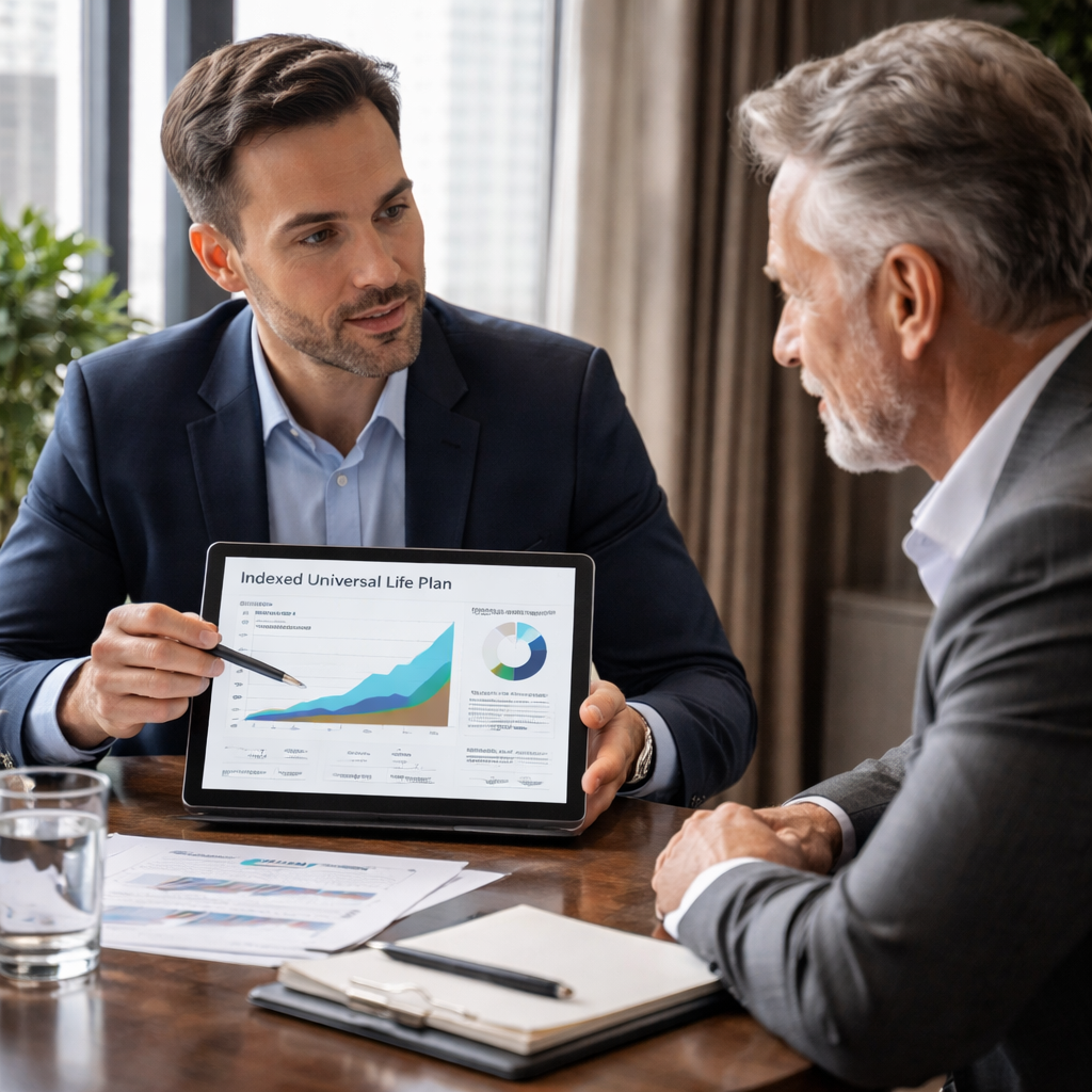 advisor and client reviewing custom indexed universal life plan