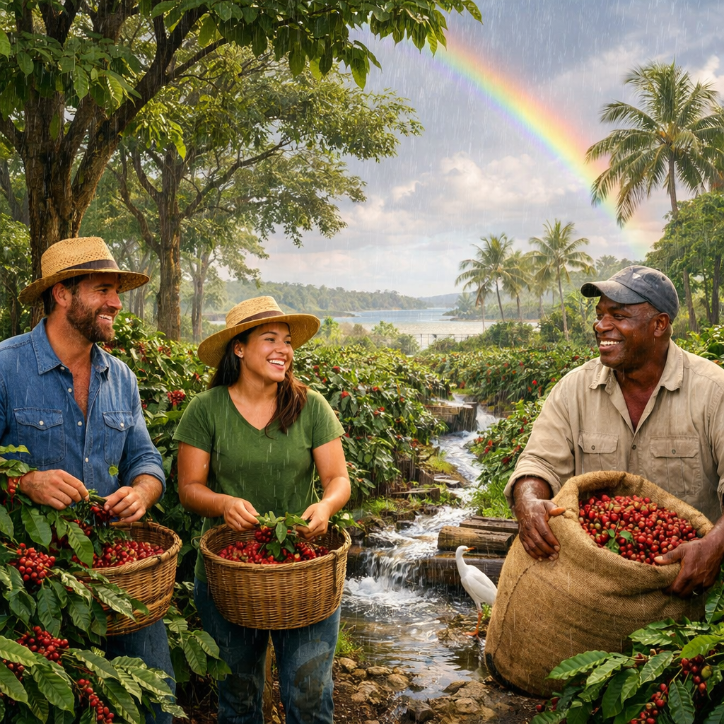 A realistic illustration of a coffee farm with shade trees, rainwater, and happy workers, alt: sustainable coffee farmin