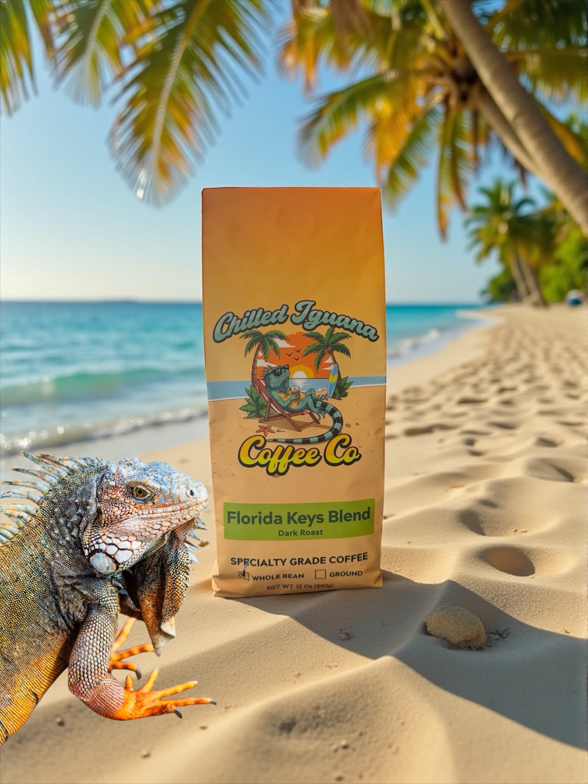 A photorealistic close‑up of coffee beans with bright citrus, mango and sea‑breeze notes swirling in a tropical backgrou