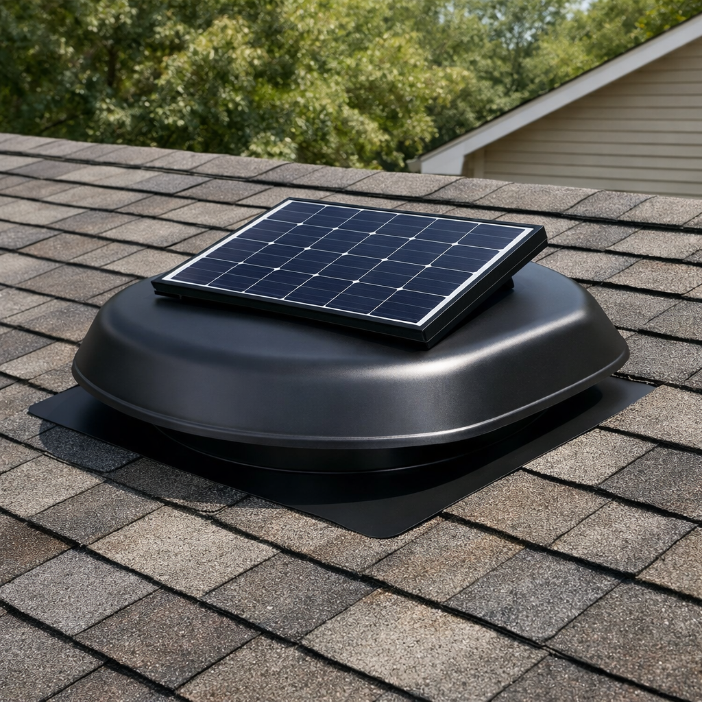 low‑profile solar attic fan on a house roof