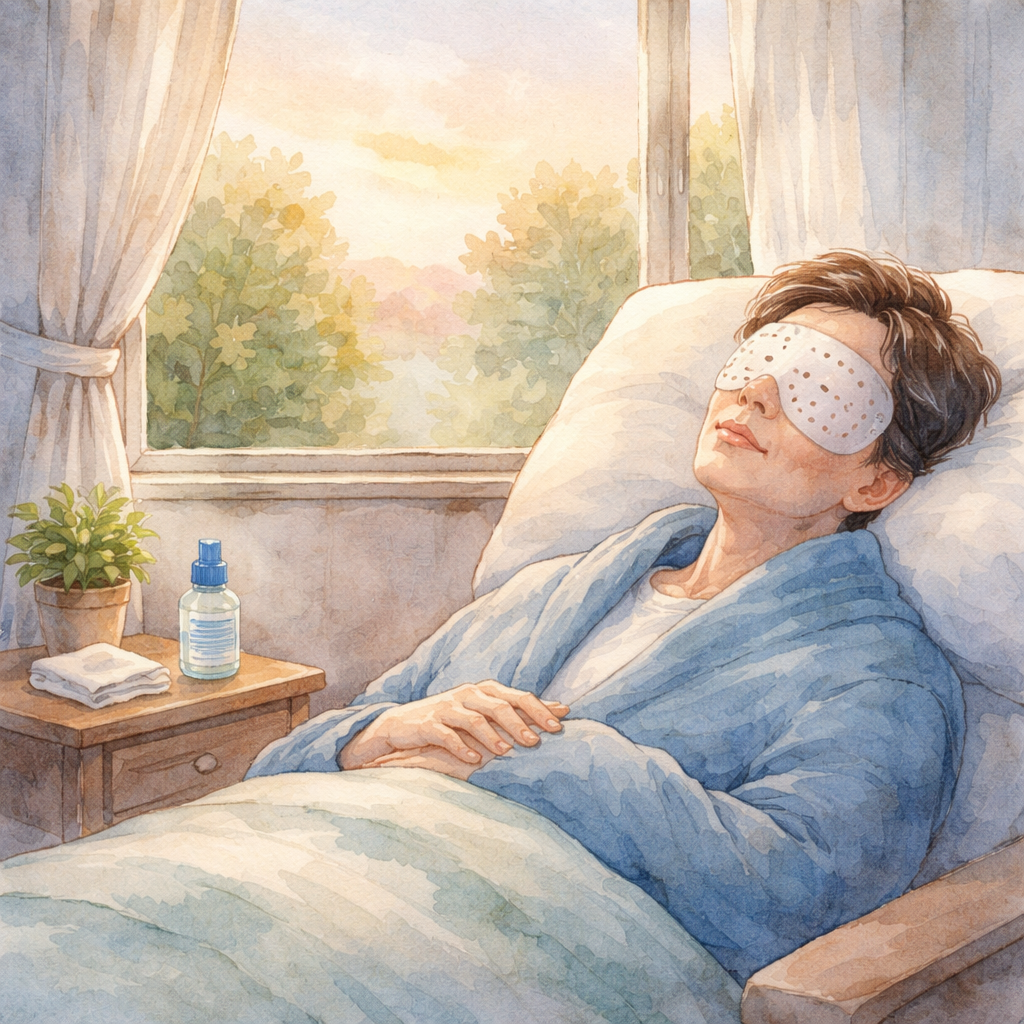 patient post‑vitrectomy first‑day care with eye shield and drops