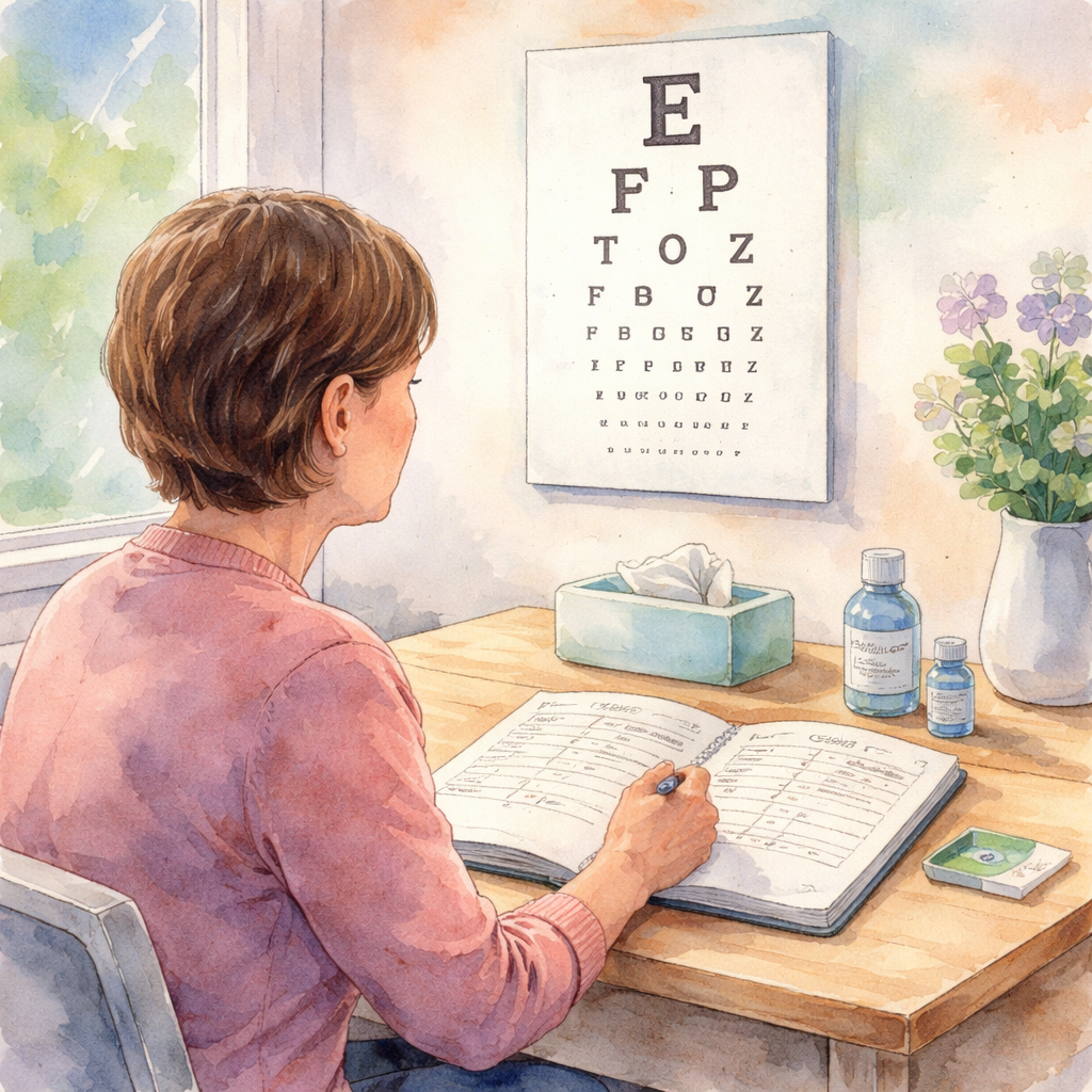 FAQ illustration for vitrectomy recovery, patient logging symptoms and eye drops
