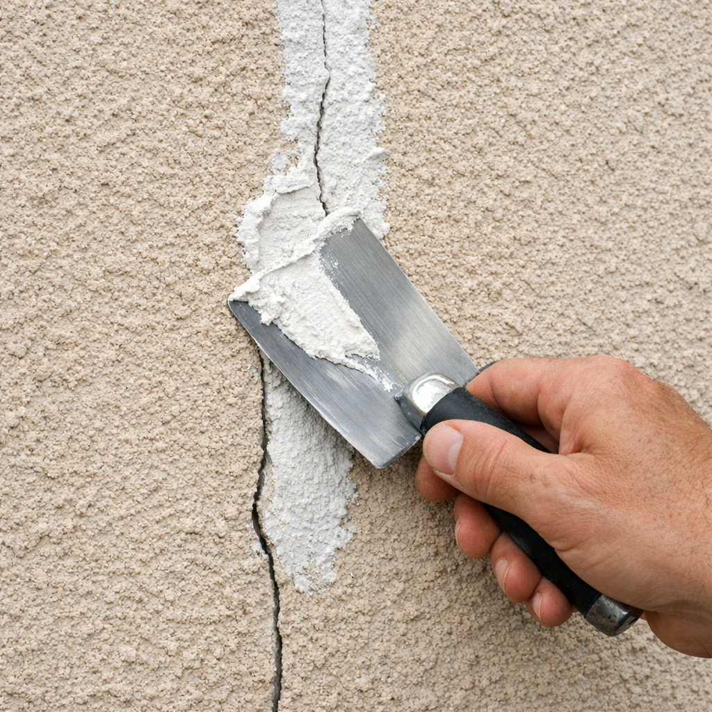 applying stucco filler with trowel.