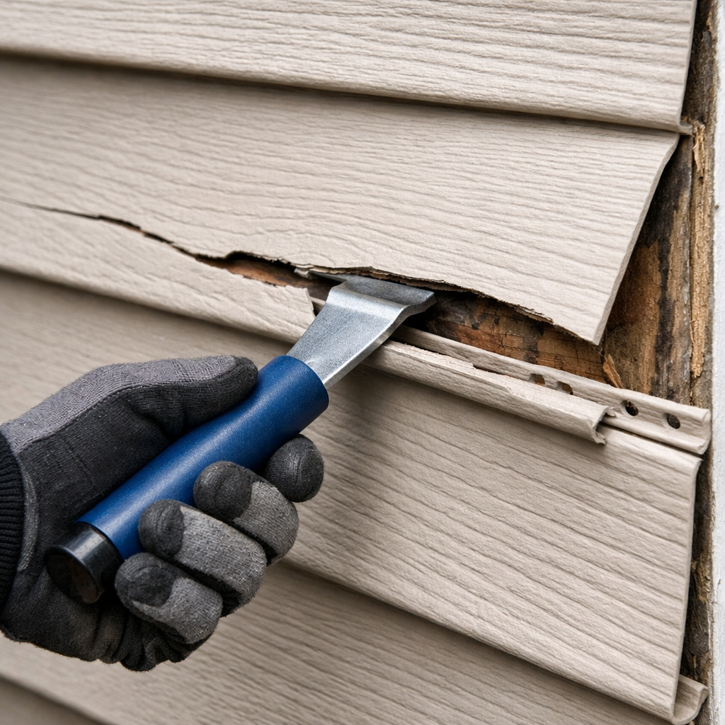 homeowner removing broken vinyl siding board