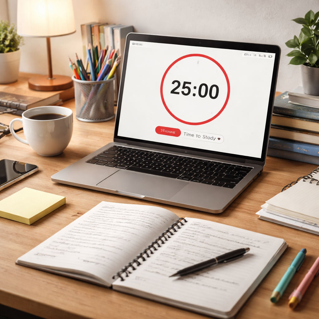 pomodoro timer for exam preparation desk setup