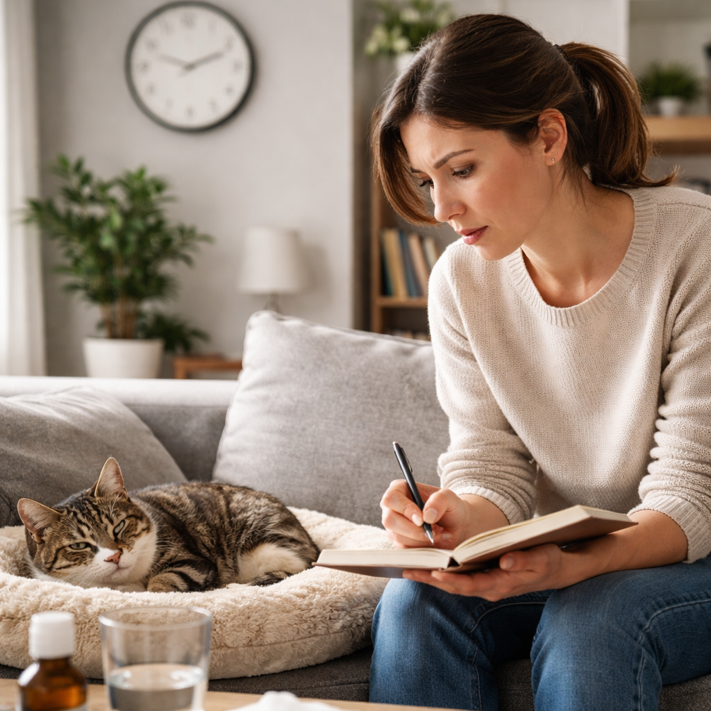 UK pet owner monitoring cat upset stomach after new food symptoms and tracking recovery progress