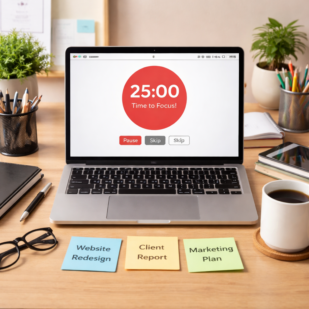 pomodoro timer for project management teams desk setup
