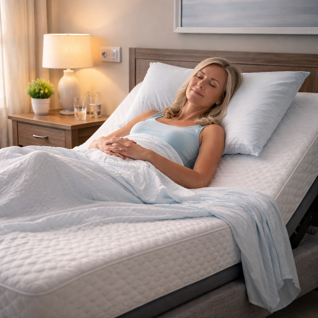 Woman using adjustable bed for menopause symptoms with cooling bedding setup