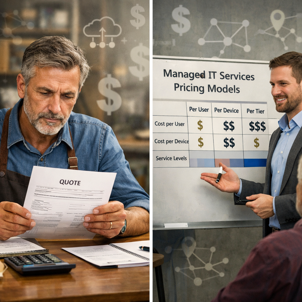 Managed IT services pricing models comparison per user per device per tier.