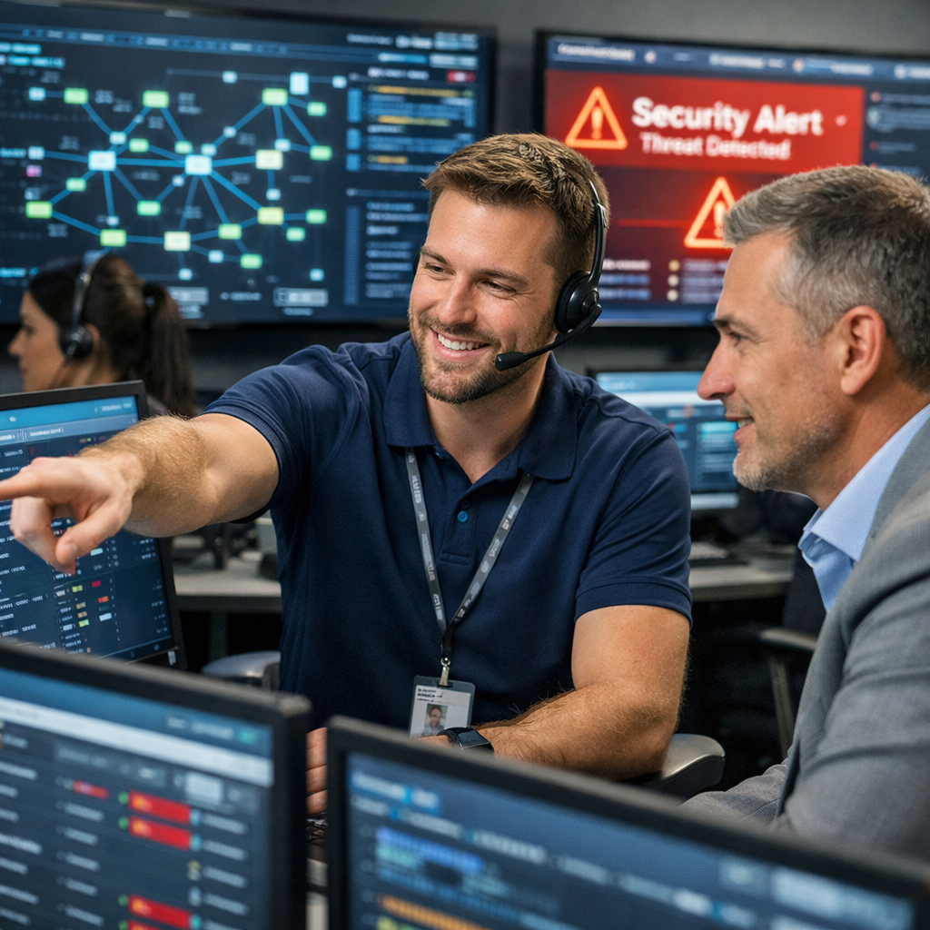 Managed IT services support team proactively monitoring server health and security alerts.