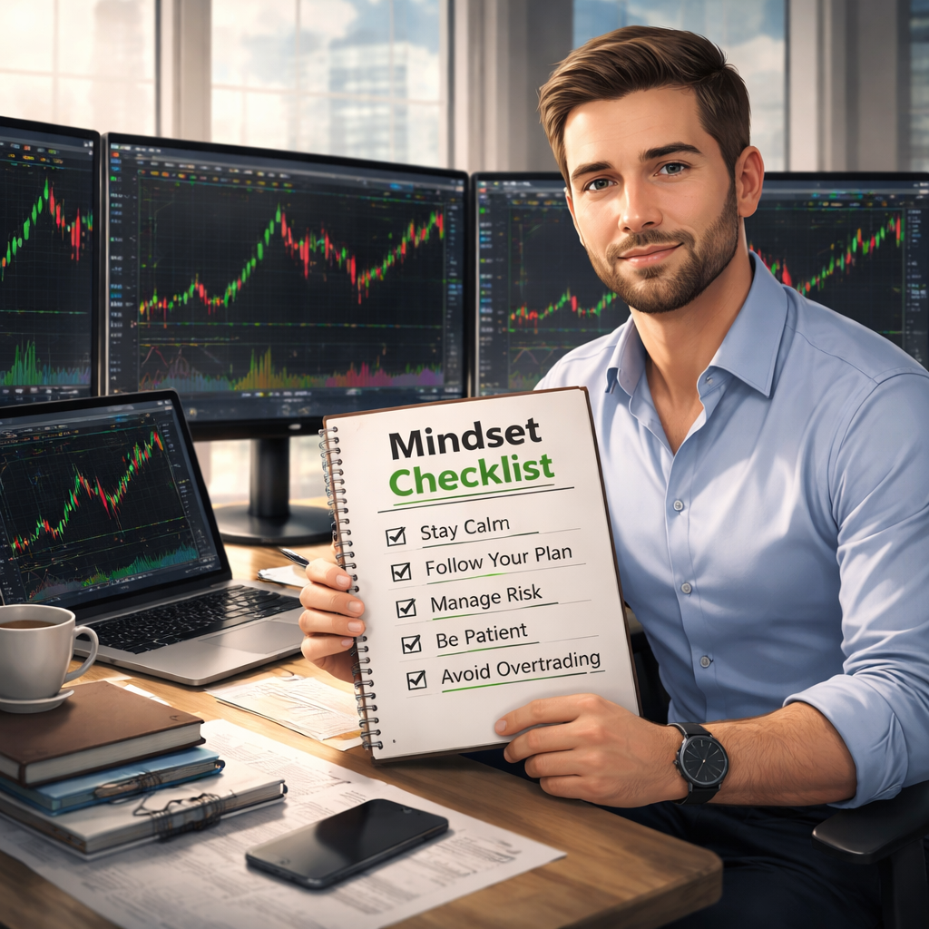 forex trading psychology mindset checklist illustration.