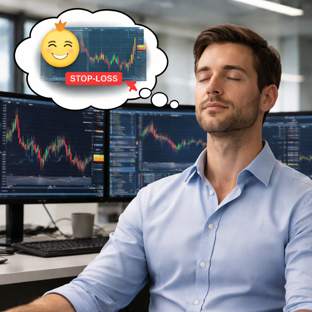 forex trader managing emotions with breathing and stop‑loss visualization.