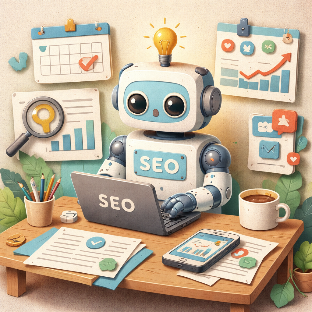 A papercraft style illustration showing a robot drafting SEO content, with icons for keyword research, calendar, and soc