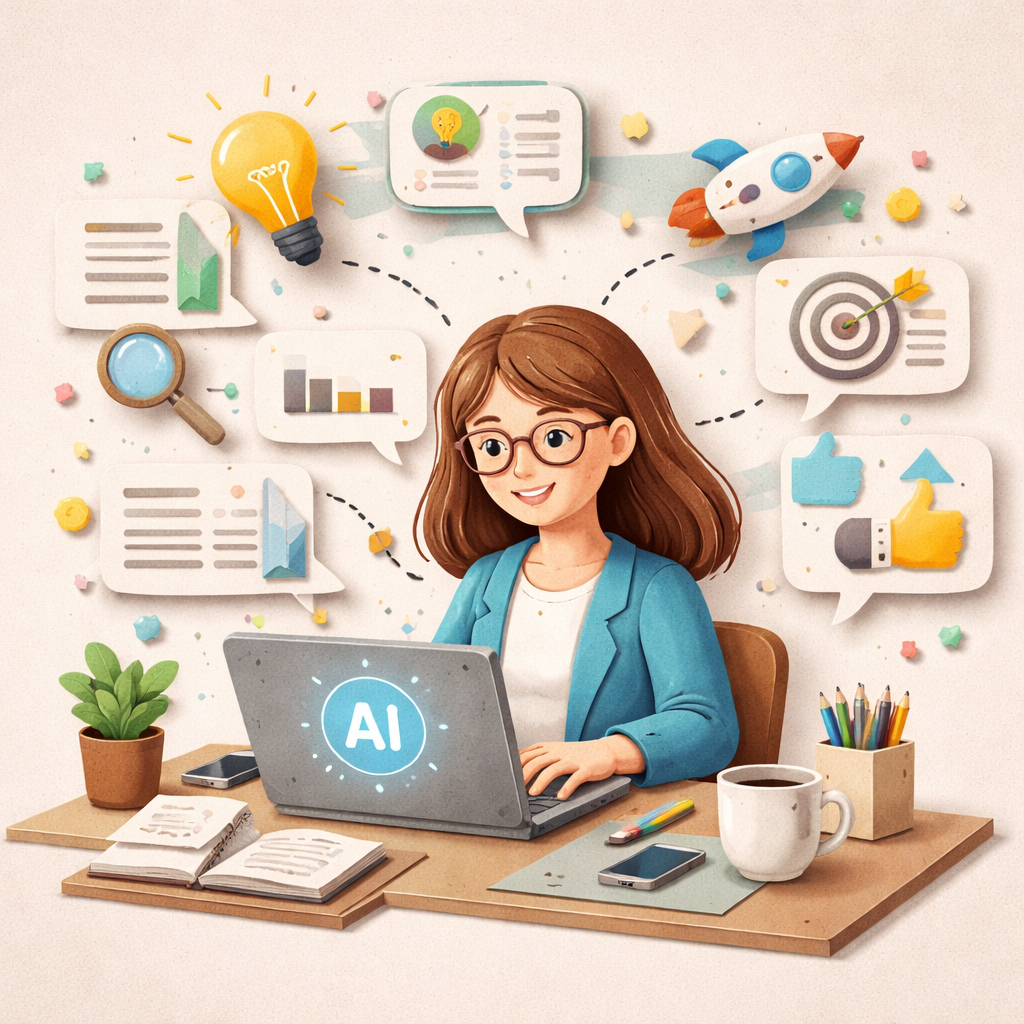A papercraft style scene of a digital writer using AI to spin blog posts, with floating text bubbles of ideas, alt: AI c