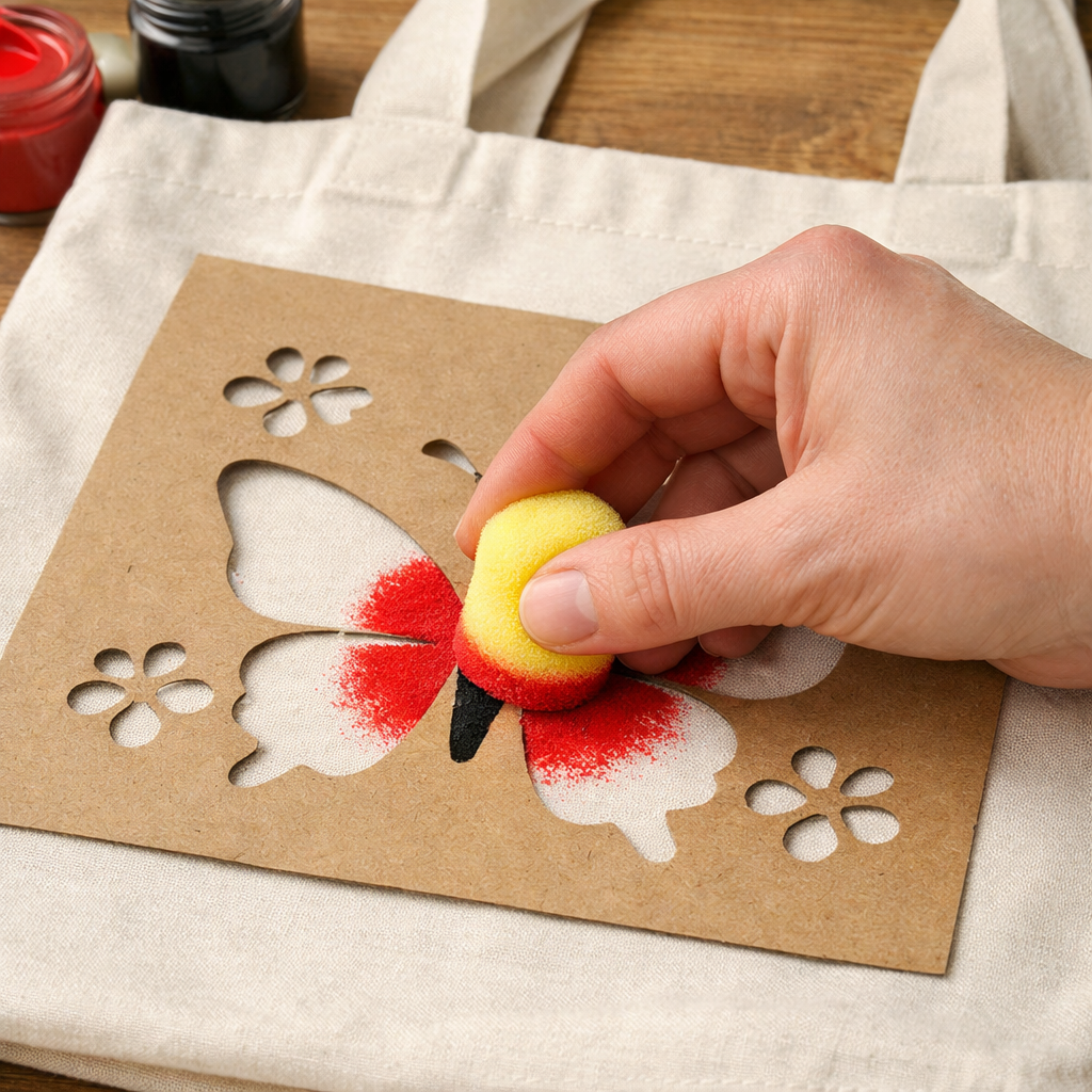 fabric painting stencil technique on cotton bag
