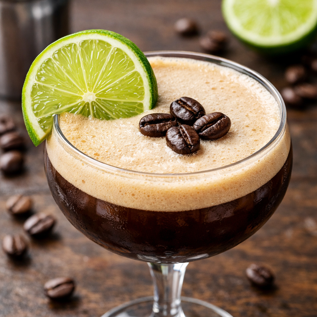 A stylized photo of a coffee cocktail with lime wheel and coffee beans on top, realism style, alt=