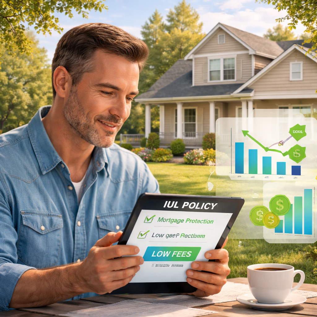 homeowner reviewing low‑fee IUL policy for mortgage protection