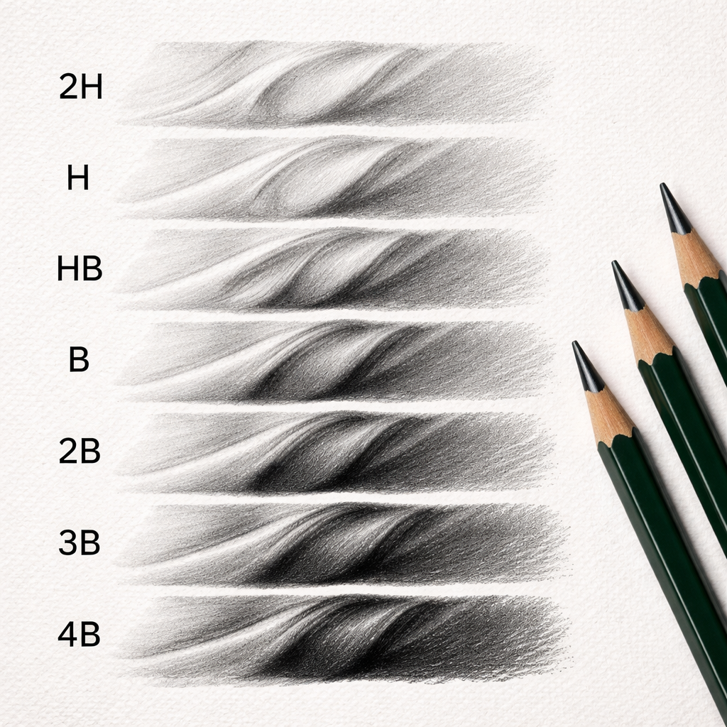 pencil hardness comparison showing different grades for fabric fold drawing